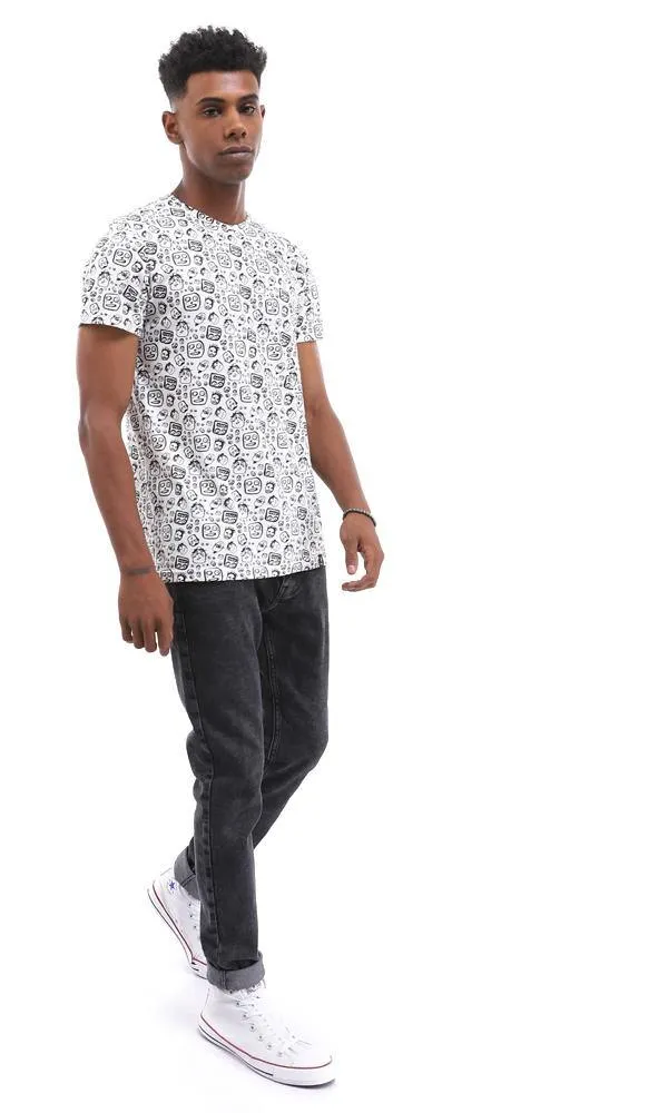 94917 Unique Printed Crew Neck Cotton White T-Shirt