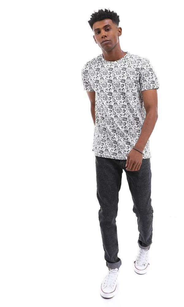 94917 Unique Printed Crew Neck Cotton White T-Shirt