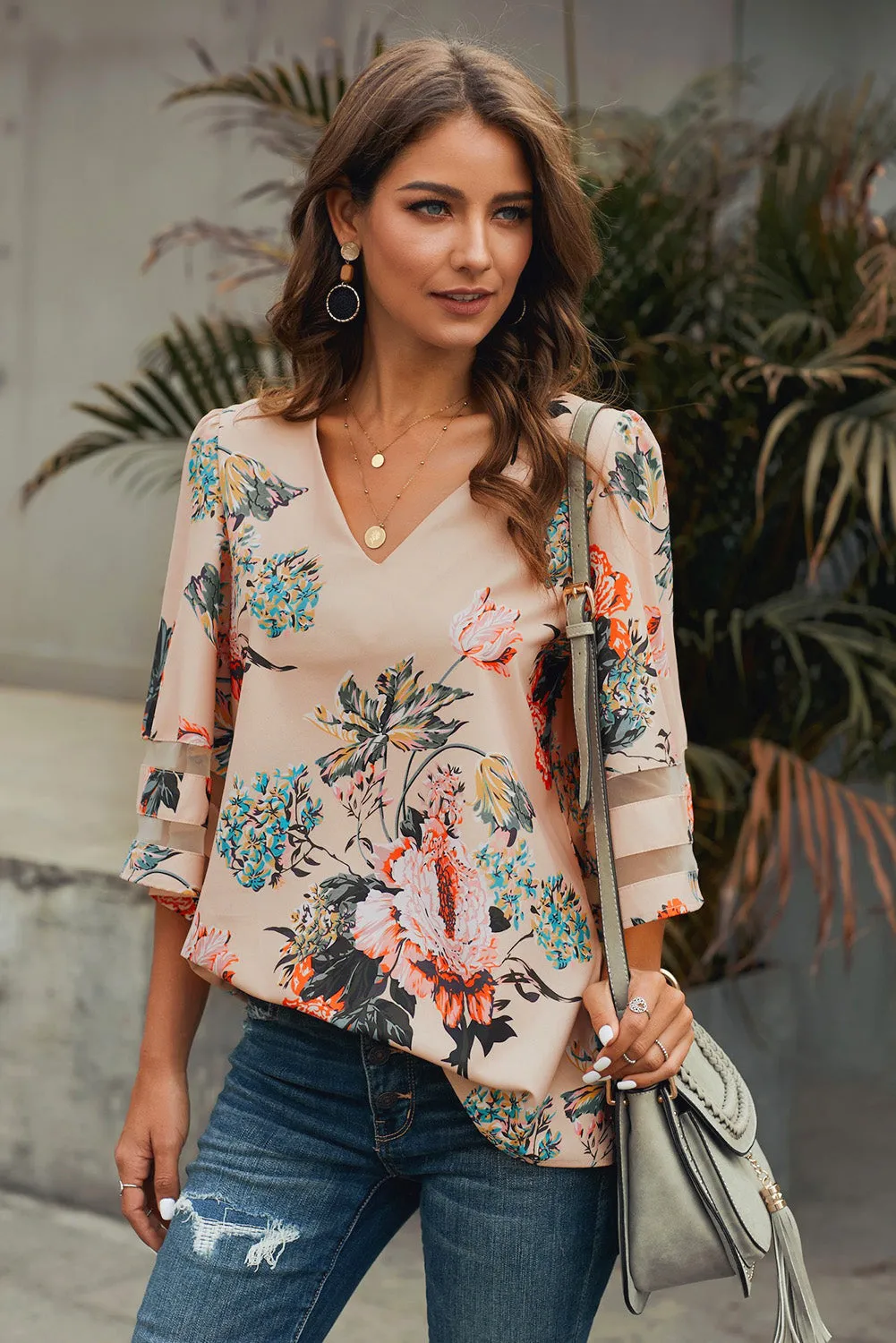 Apricot 3/4 Flared Sleeve Floral Chiffon Blouse