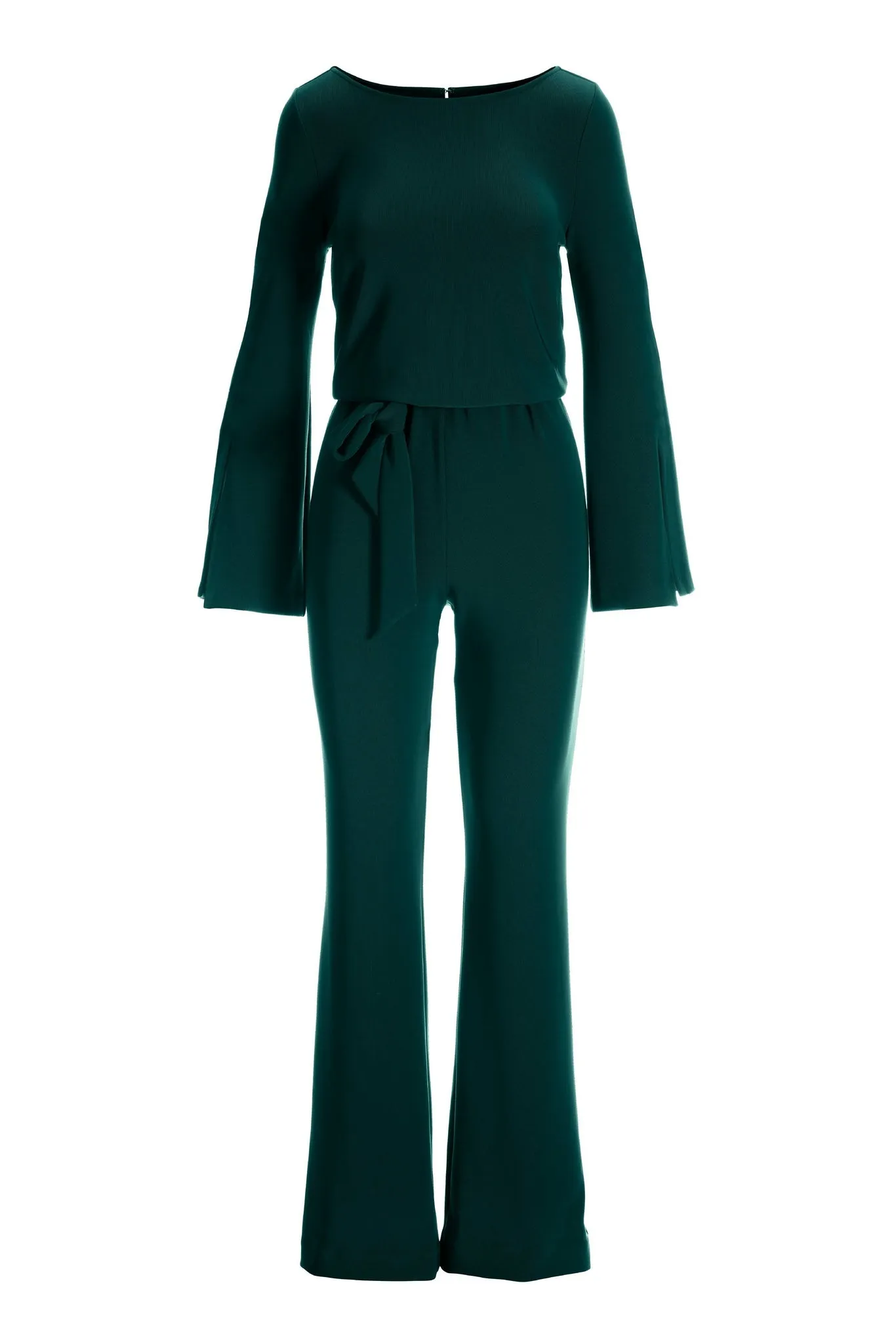 Beyond Travel Long Sleeve Tie Waist Jumpsuit Deep Emerald