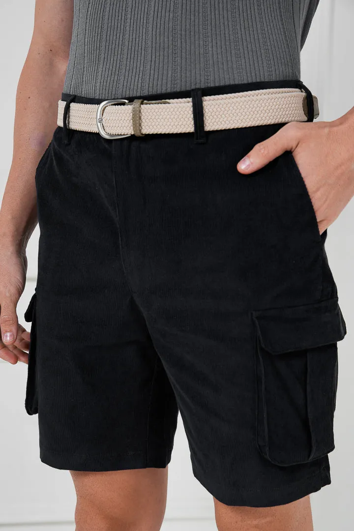 Black Corduroy Stretch Cargo Shorts