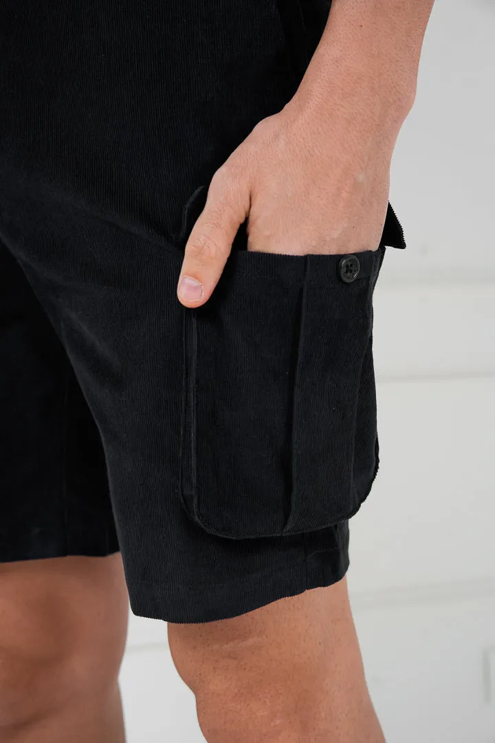 Black Corduroy Stretch Cargo Shorts