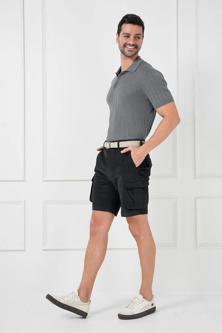 Black Corduroy Stretch Cargo Shorts