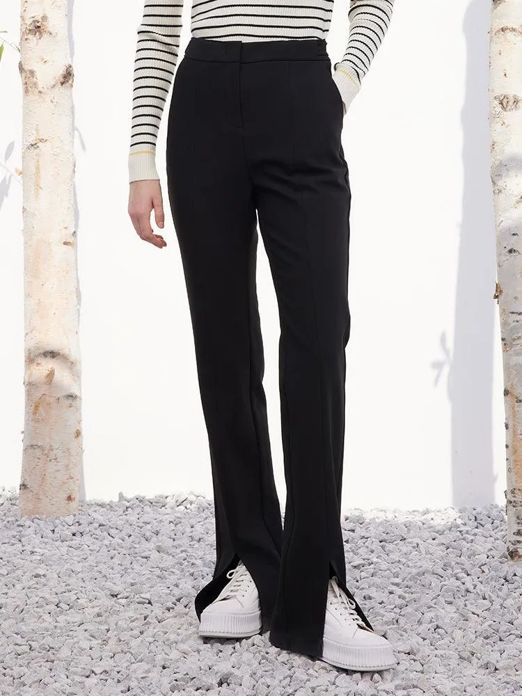 Black Full-Length Slim Pants With Slit