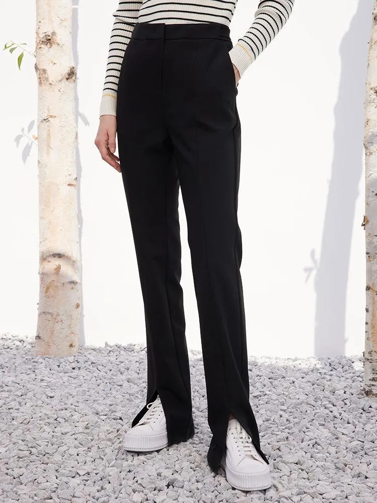 Black Full-Length Slim Pants With Slit