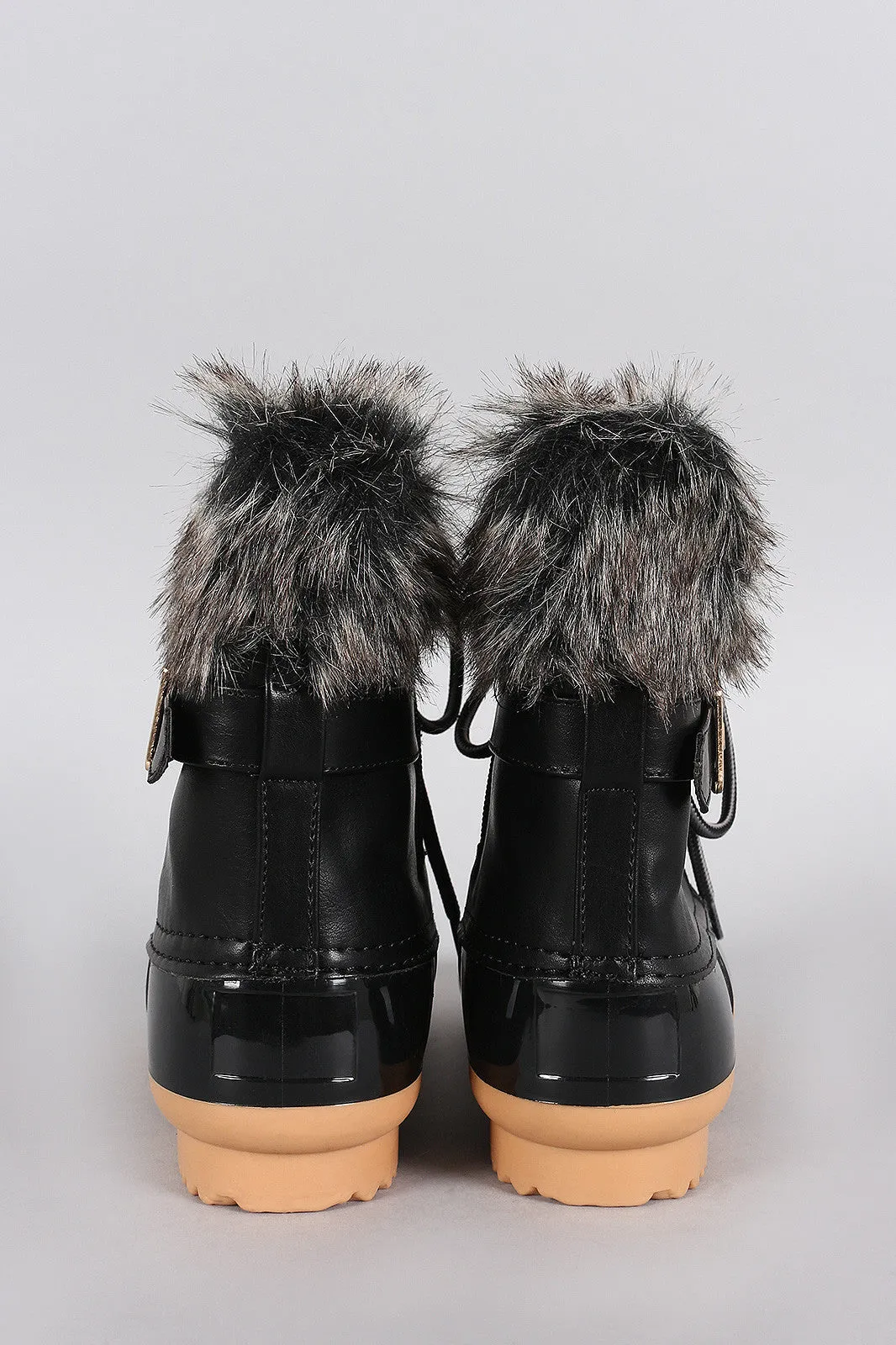 Buckled Faux Fur Cuff Lace Up Duck Ankle Boots