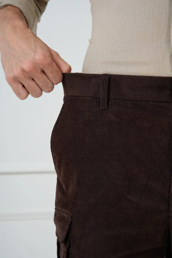 Coffee Brown Corduroy Stretch Cargo Shorts