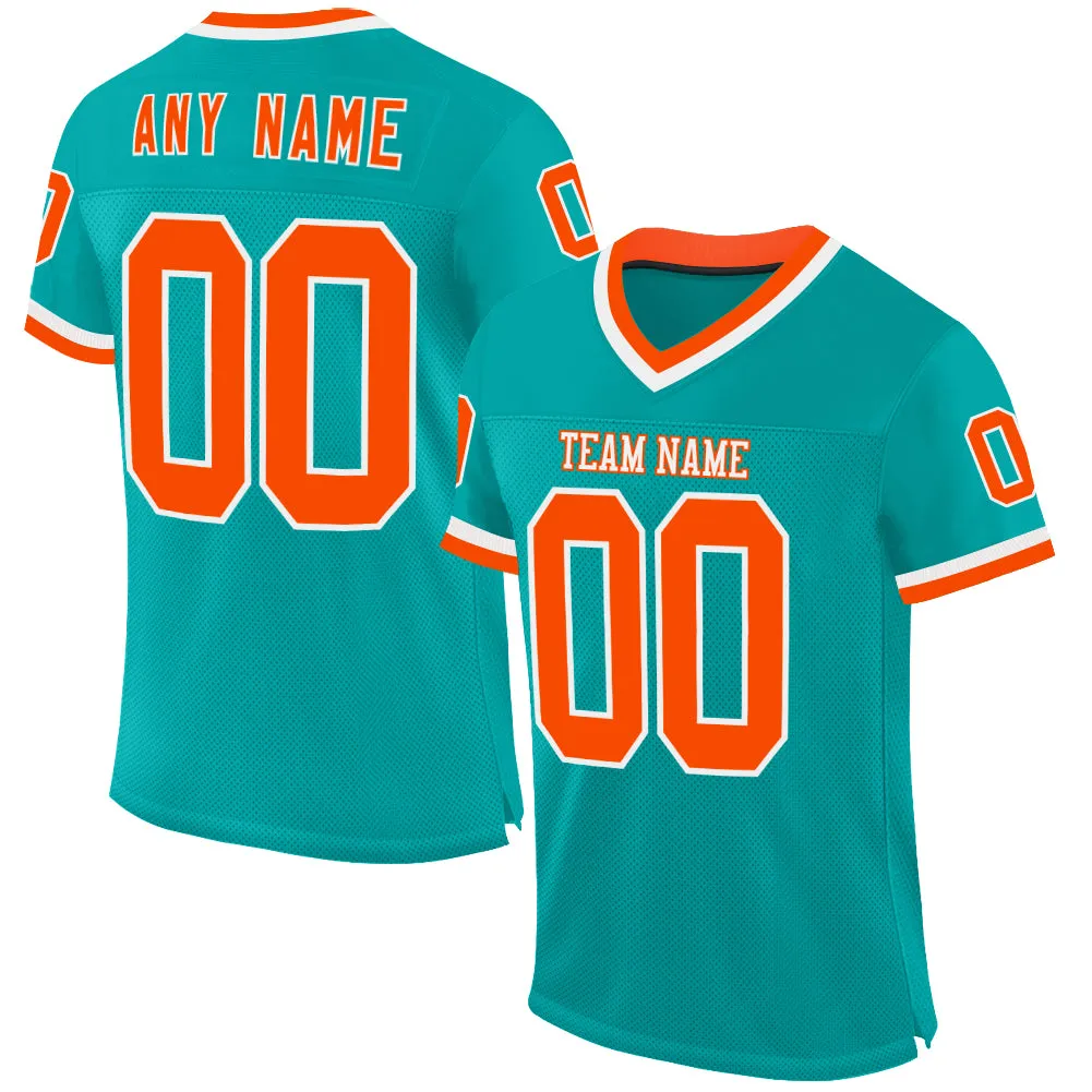 Custom Aqua Orange-White Mesh Authentic Throwback Football Jersey