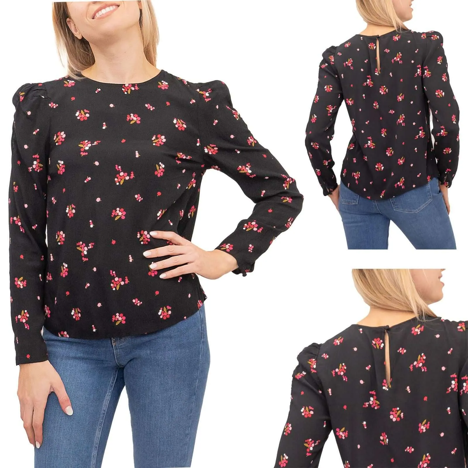 M&S Black Ditsy Floral Print Long Puff Sleeve Round Neck Tops