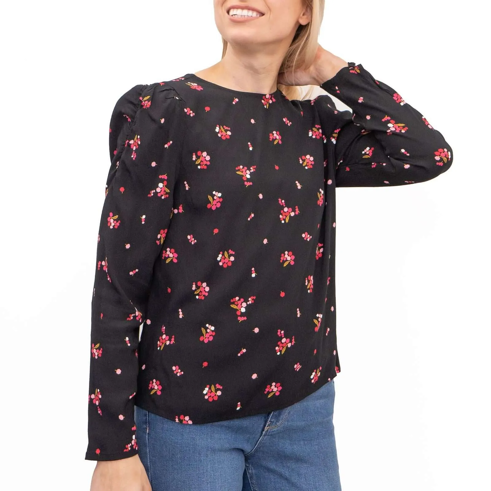 M&S Black Ditsy Floral Print Long Puff Sleeve Round Neck Tops