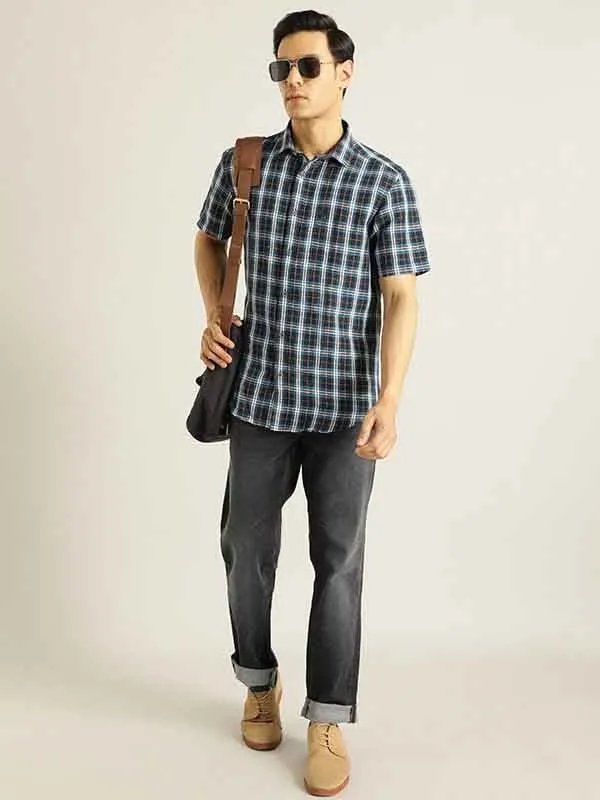 Men Checked Half Sleeve Linen Blend Shirt