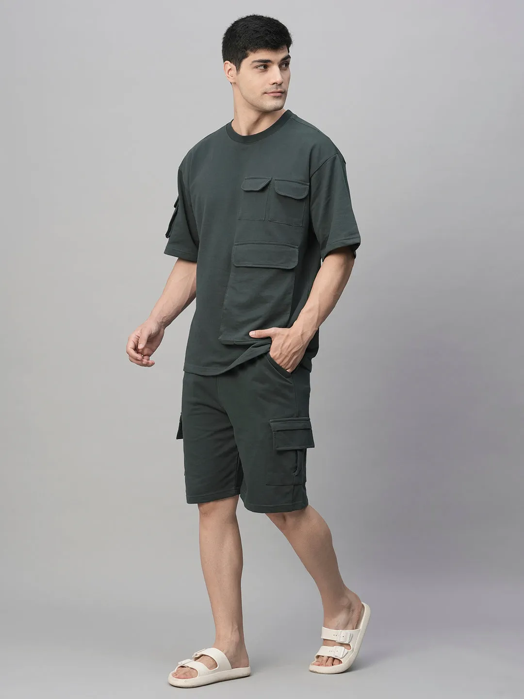 Men Premium Cargo Co-ord Set - Dark Grey