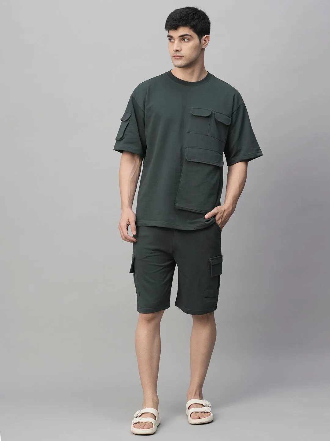 Men Premium Cargo Co-ord Set - Dark Grey