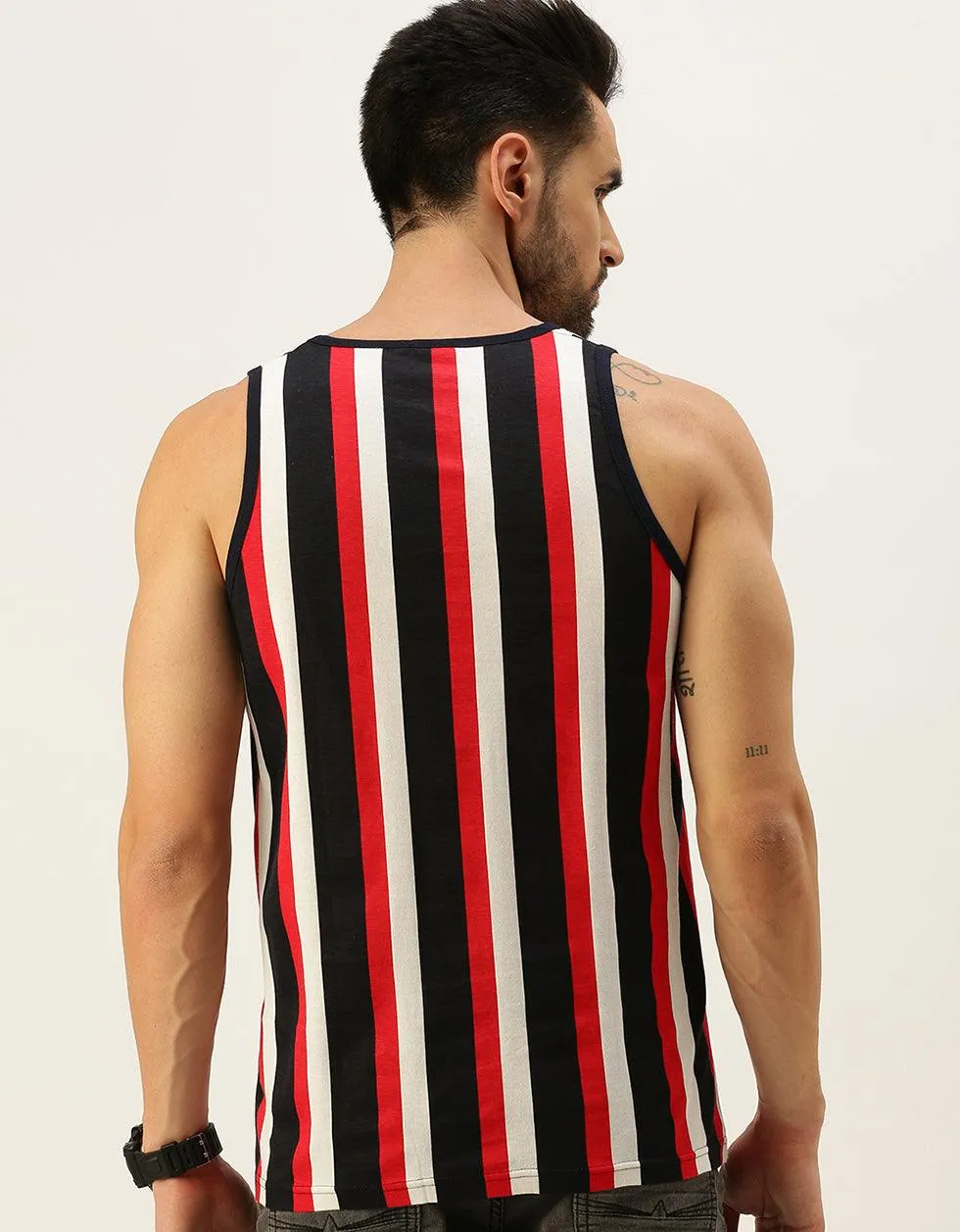 Nautical Stripes Round Neck Printed Gym Men's Vest