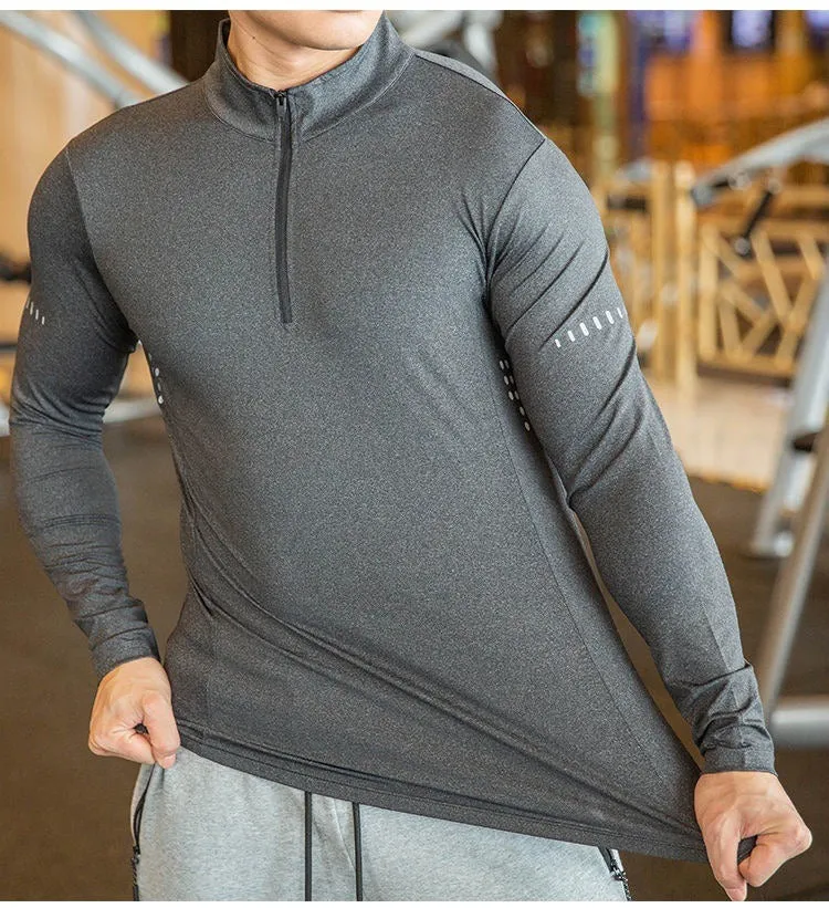 Quick Dry Men Breathable Running T-Shirt Long Sleeve Gym Shirt Fitness Sports Cycling Zipper Shirt | P37