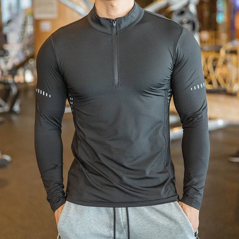 Quick Dry Men Breathable Running T-Shirt Long Sleeve Gym Shirt Fitness Sports Cycling Zipper Shirt | P37