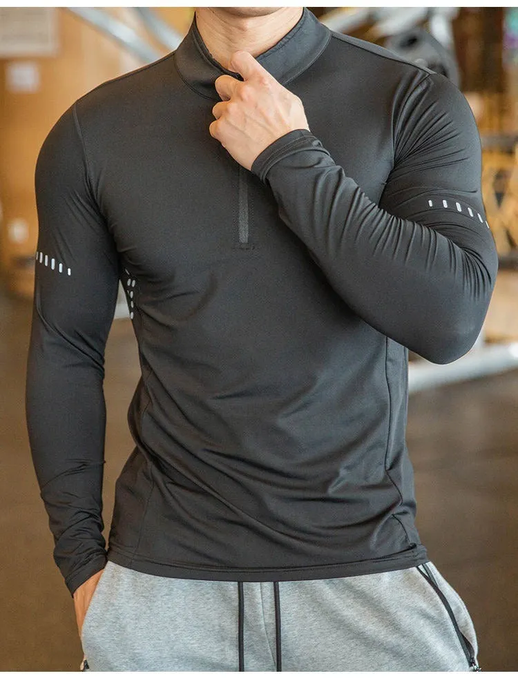 Quick Dry Men Breathable Running T-Shirt Long Sleeve Gym Shirt Fitness Sports Cycling Zipper Shirt | P37