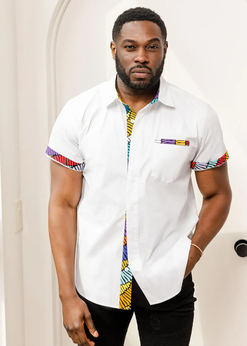 Salim Men's African Print Color-Blocked Shirt (Abstract Lines)