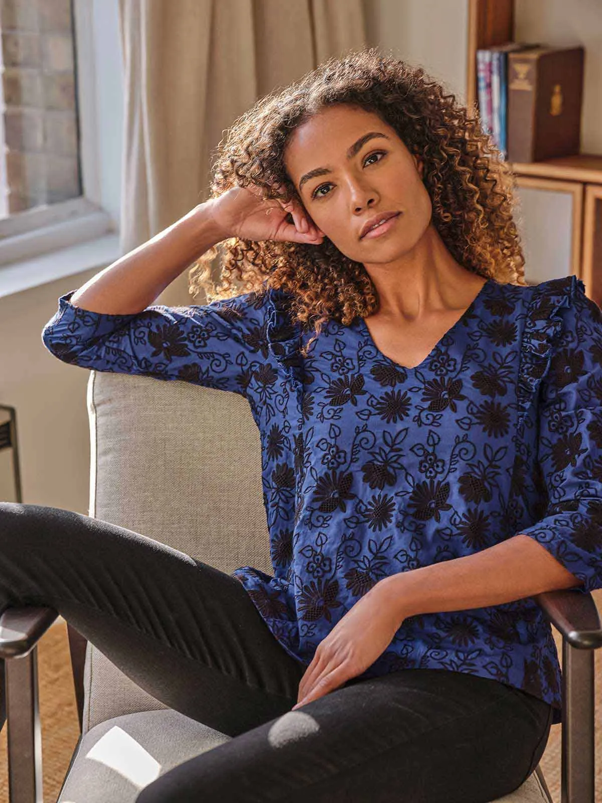 Simone Organic Cotton Broderie Top - Dark Sapphire Blue