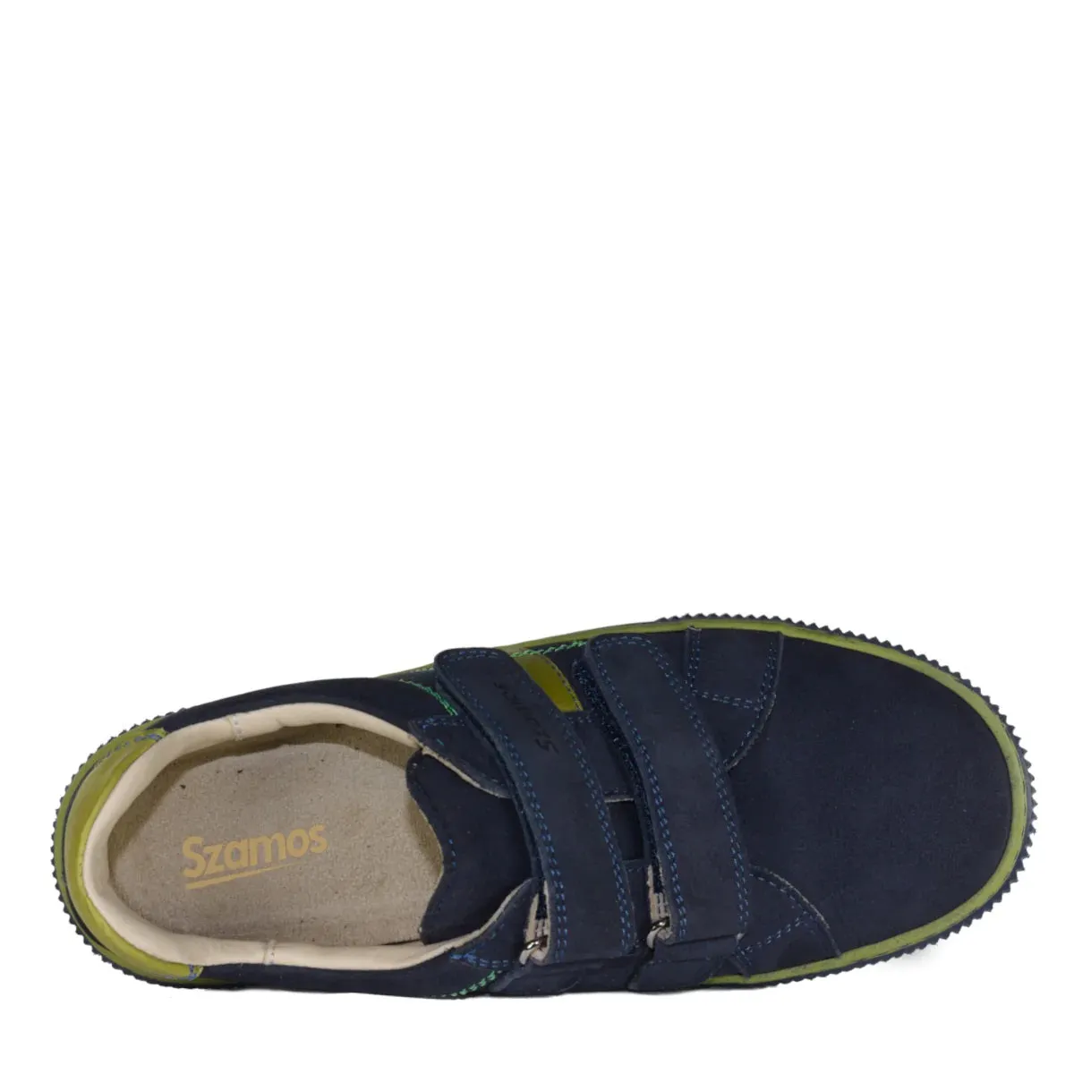 Szamos Kid Boy Sneakers In Dark Blue And Neon Green Color With Double Velcro Strap - Made In Europe