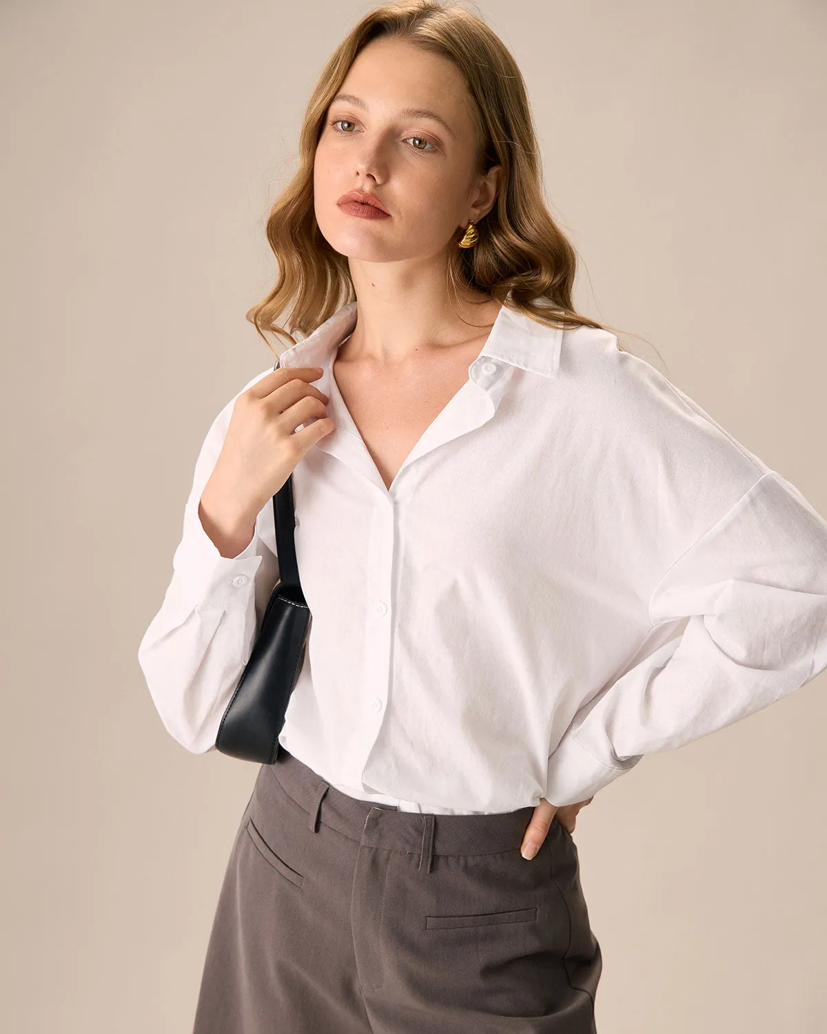 Women's White Lapel Long Sleeve Shirt